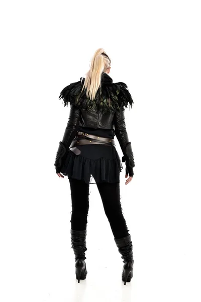 Full Length Portrait Blonde Girl Wearing Black Torn Gothic Costume — Stock Photo, Image