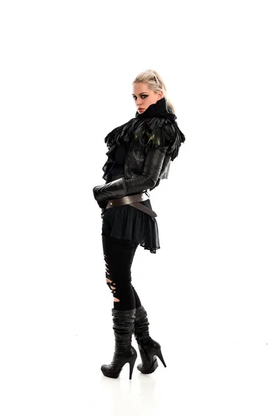 Full Length Portrait Blonde Girl Wearing Black Torn Gothic Costume — Stock Photo, Image