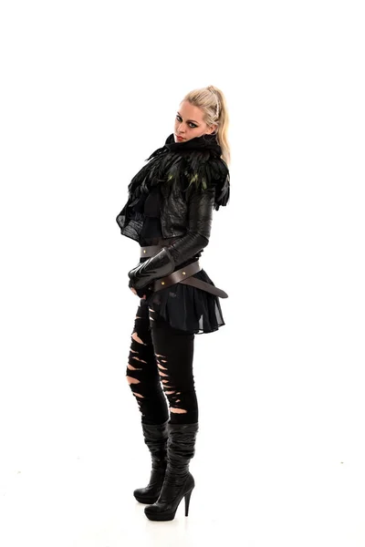 Full Length Portrait Blonde Girl Wearing Torn Black Feather Costume — Stock Photo, Image