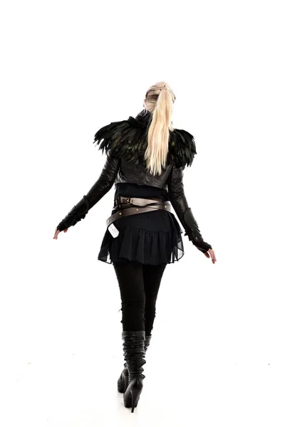 Full Length Portrait Blonde Girl Wearing Torn Black Feather Costume — Stock Photo, Image