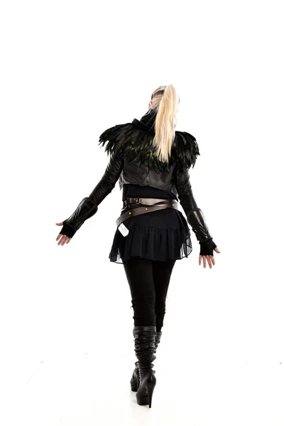 Full Length Portrait Blonde Girl Wearing Torn Black Feather Costume — Stock Photo, Image