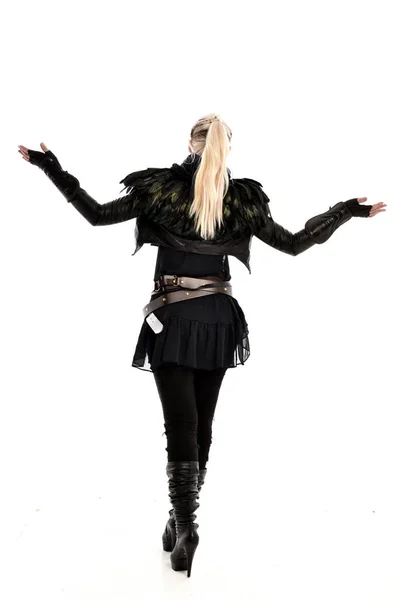 Full Length Portrait Blonde Girl Wearing Torn Black Feather Costume — Stock Photo, Image