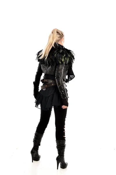 Full Length Portrait Blonde Girl Wearing Torn Black Feather Costume — Stock Photo, Image