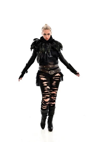 Full Length Portrait Blonde Girl Wearing Black Torn Gothic Outfit — Stock Photo, Image