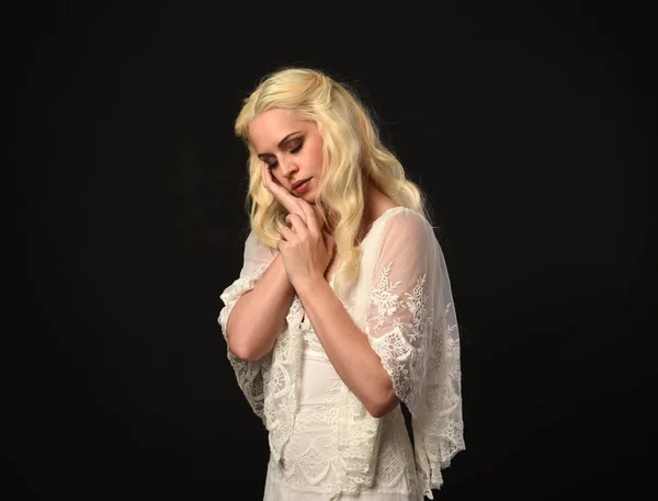 Close Portrait Blonde Girl Wearing White Lace Dress Black Studio — Stock Photo, Image