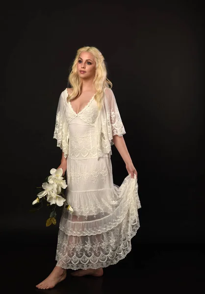 Full Length Portrait Blonde Girl Wearing White Lace Dress Standing — Stock Photo, Image