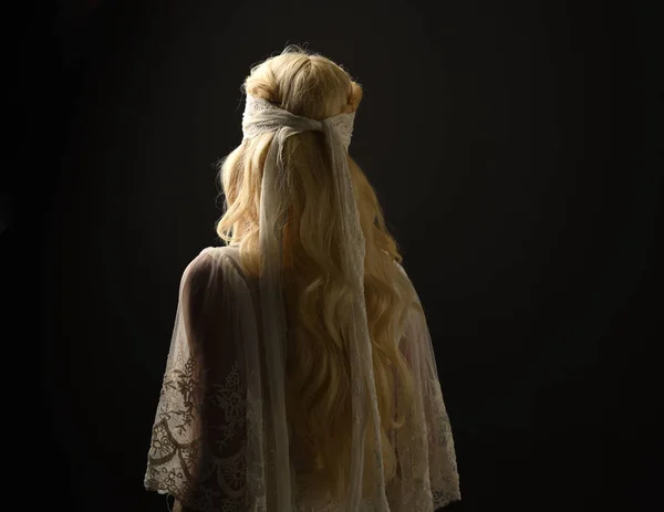 Portrait Blonde Girl Wearing White Lace Dress Blindfold Black Studio — Stock Photo, Image