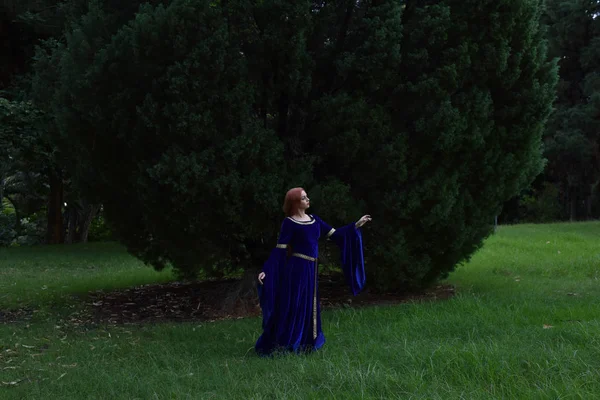Retrato Longitud Completa Niña Con Vestido Largo Azul Medieval Vagando — Foto de Stock
