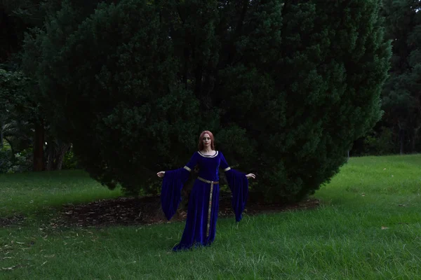 Retrato Comprimento Total Menina Vestindo Longo Vestido Medieval Azul Vagando — Fotografia de Stock