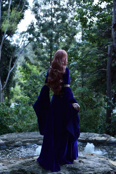 Full Length Portrait Girl Wearing Long Blue Medieval Gown Wandering — Stock Photo, Image