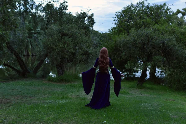 Retrato Longitud Completa Niña Con Vestido Largo Azul Medieval Vagando — Foto de Stock