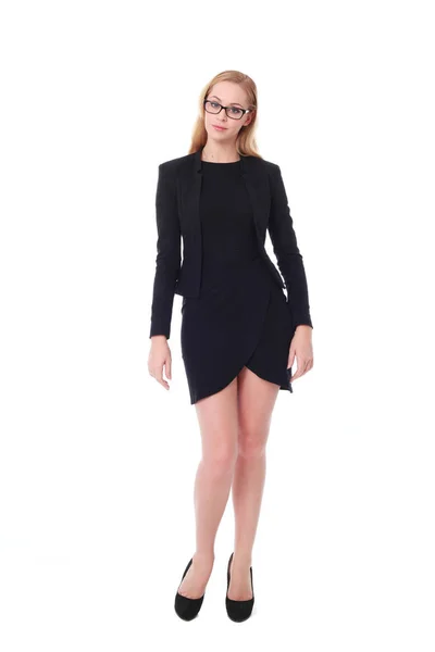 Full Length Portrait Attractive Professional Woman Wearing Black Dress Glasses — Stock Photo, Image