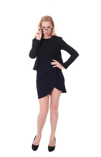 Full Length Portrait Attractive Professional Woman Wearing Black Dress Glasses — Stock Photo, Image