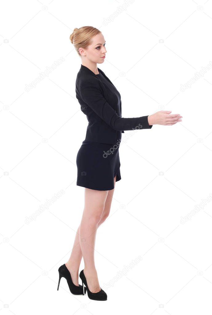 Full length portrait of an attractive professional woman wearing black dress. isolated on a white background.
