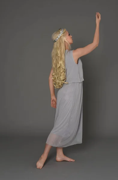 Ganzkörperporträt Eines Blonden Mädchens Mit Kleid Und Krone Stehend Mit — Stockfoto