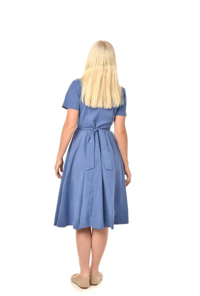 Full Length Portrait Blonde Girl Wearing Blue Dress Standing Pose — Stock Photo, Image