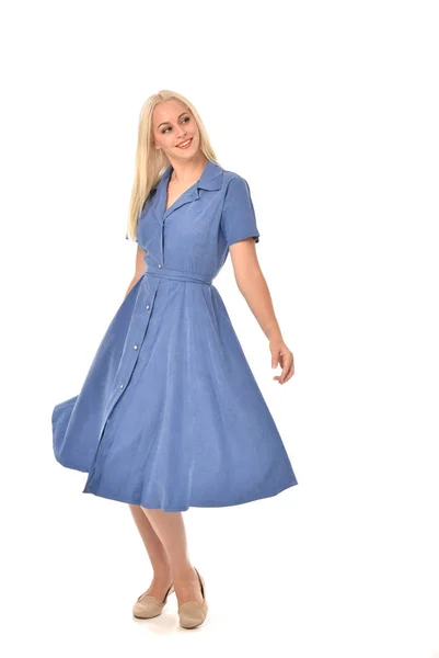 Full Length Portrait Blonde Girl Wearing Blue Dress Standing Pose — Stock Photo, Image