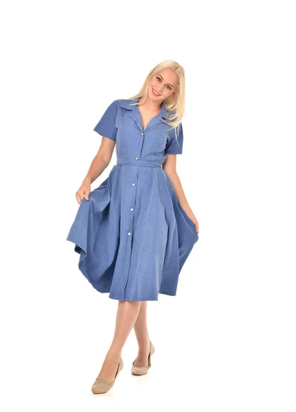 Full Length Portrait Blonde Girl Wearing Blue Dress Standing Pose — Stock Photo, Image