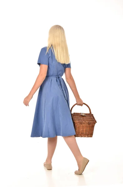 Full Length Portrait Blonde Girl Wearing Blue Dress Holding Wicker — Stock Photo, Image