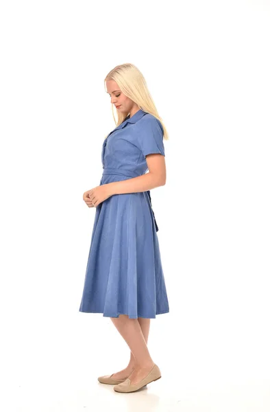 Full Length Portrait Blonde Girl Wearing Blue Dress Standing Pose — Stock Photo, Image