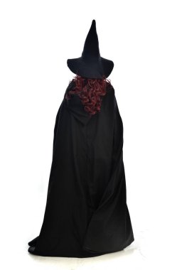 full length portrait of red haired girl wearing long black cloak, pointy hat and witch costume. standing pose, isolated on white studio background. clipart