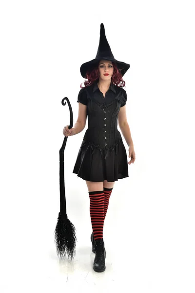 Full Length Portrait Red Haired Girl Wearing Black Witch Costume — Stock Photo, Image