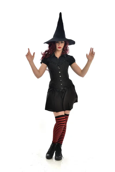 Full Length Portrait Red Haired Girl Wearing Black Witch Costume — Stock Photo, Image