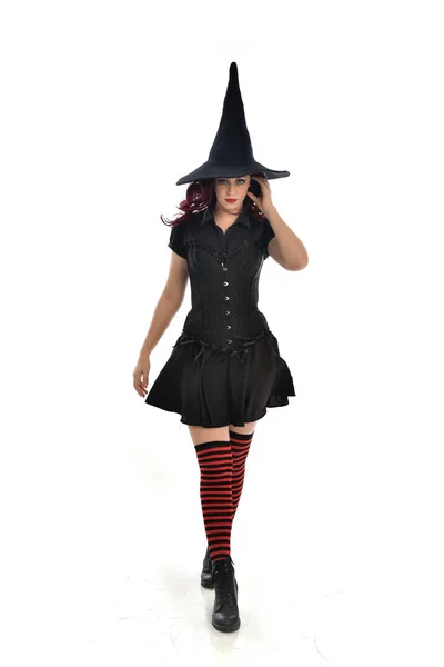 Full Length Portrait Red Haired Girl Wearing Black Witch Costume — Stock Photo, Image