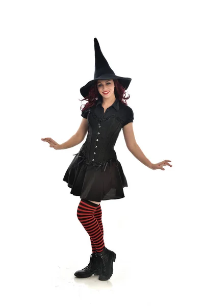 Full Length Portrait Red Haired Girl Wearing Black Witch Costume — Stock Photo, Image