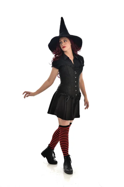 Full Length Portrait Red Haired Girl Wearing Black Witch Costume — Stock Photo, Image