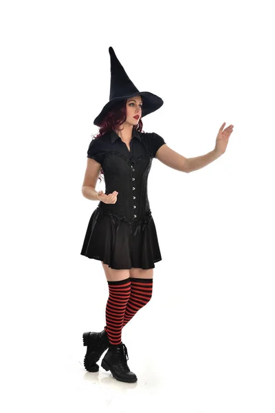 Full Length Portrait Red Haired Girl Wearing Black Witch Costume — Stock Photo, Image