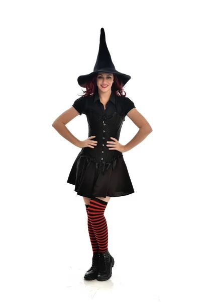 Full Length Portrait Red Haired Girl Wearing Black Witch Costume — Stock Photo, Image