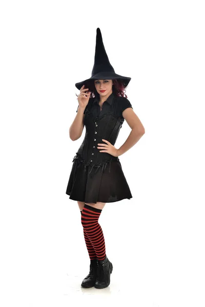 Full Length Portrait Red Haired Girl Wearing Black Witch Costume — Stock Photo, Image