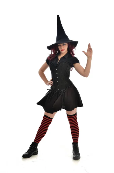 Full Length Portrait Red Haired Girl Wearing Black Witch Costume — Stock Photo, Image