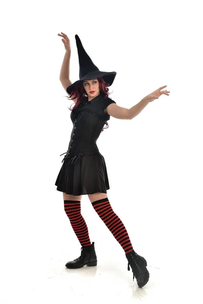 Full Length Portrait Red Haired Girl Wearing Black Witch Costume — Stock Photo, Image