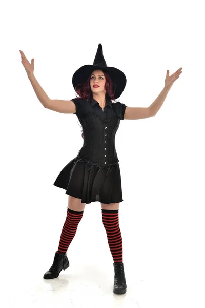 Full Length Portrait Red Haired Girl Wearing Black Witch Costume — Stock Photo, Image