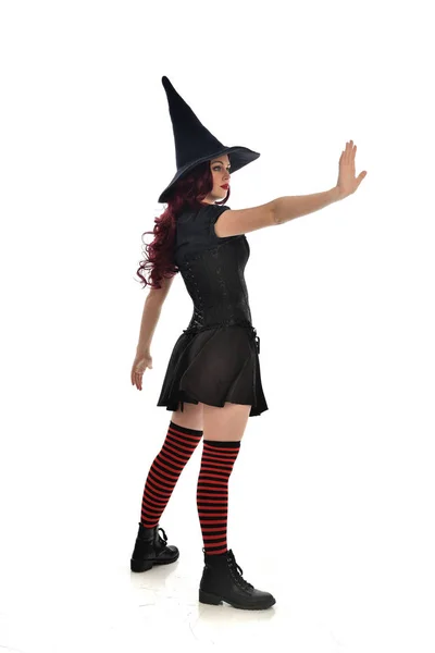 Full Length Portrait Red Haired Girl Wearing Black Witch Costume — Stock Photo, Image