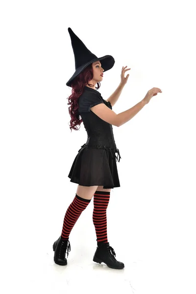 Full Length Portrait Red Haired Girl Wearing Black Witch Costume — Stock Photo, Image