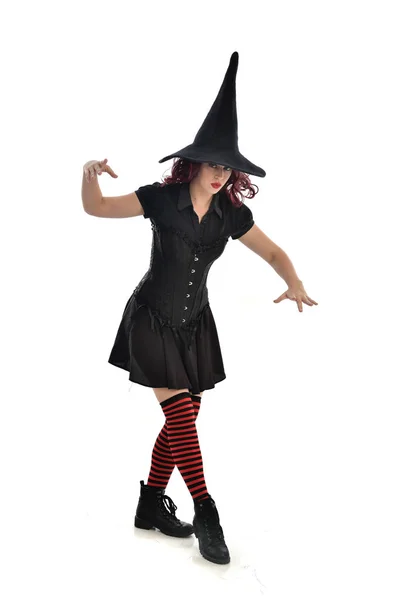 Full Length Portrait Red Haired Girl Wearing Black Witch Costume — Stock Photo, Image