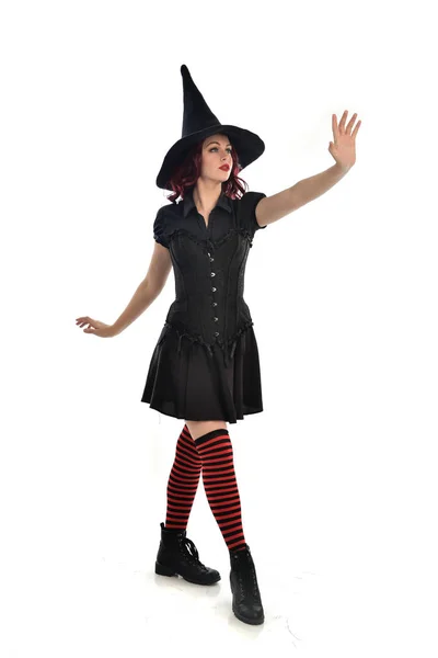 Full Length Portrait Red Haired Girl Wearing Black Witch Costume — Stock Photo, Image