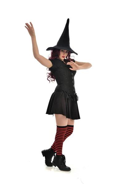 Full Length Portrait Red Haired Girl Wearing Black Witch Costume — Stock Photo, Image