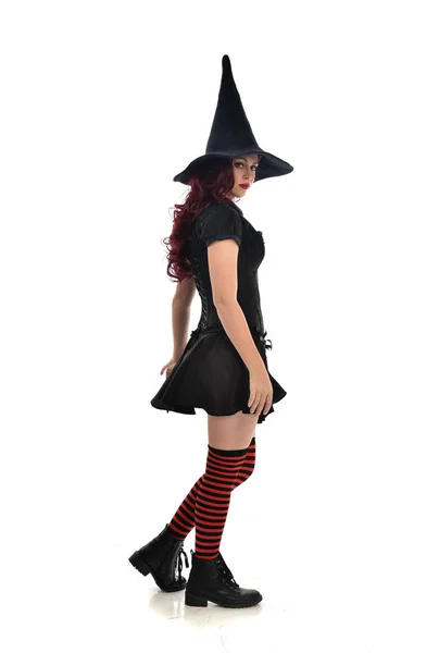 Full Length Portrait Red Haired Girl Wearing Black Witch Costume — Stock Photo, Image