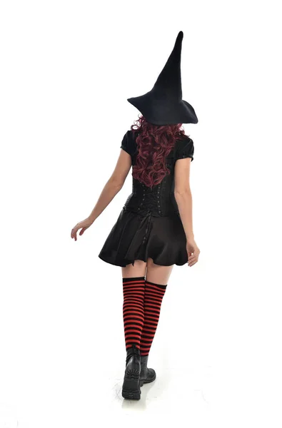 Full Length Portrait Red Haired Girl Wearing Black Witch Costume — Stock Photo, Image