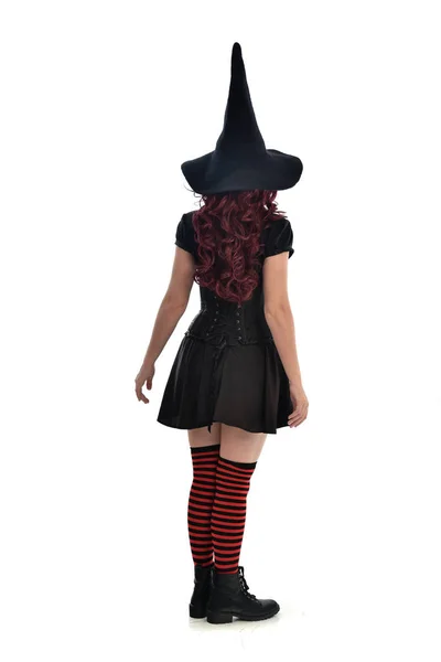 Full Length Portrait Red Haired Girl Wearing Black Witch Costume — Stock Photo, Image