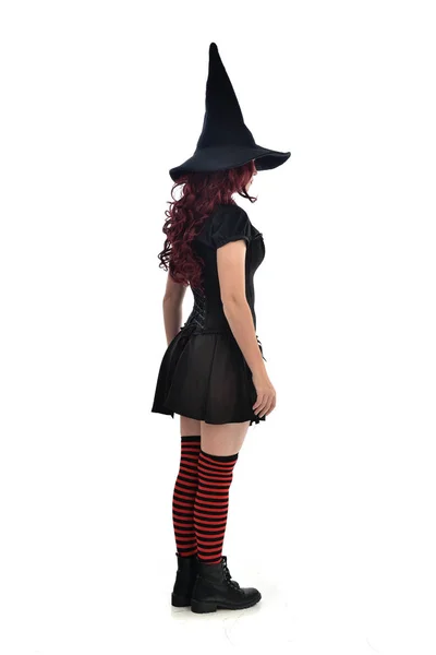 Full Length Portrait Red Haired Girl Wearing Black Witch Costume Stock Picture