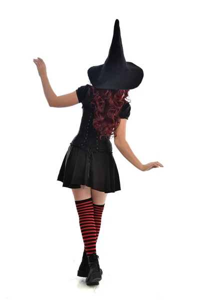 Full Length Portrait Red Haired Girl Wearing Black Witch Costume — Stock Photo, Image