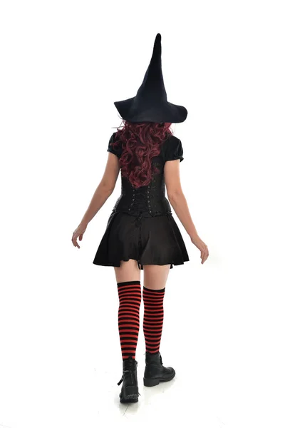 Full Length Portrait Red Haired Girl Wearing Black Witch Costume — Stock Photo, Image