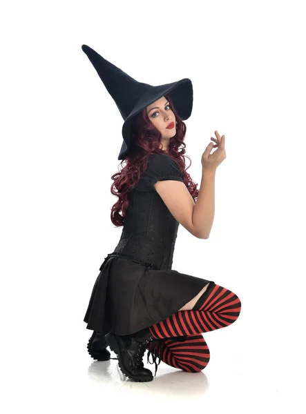 Full Length Portrait Red Haired Girl Wearing Black Witch Costume — Stock Photo, Image