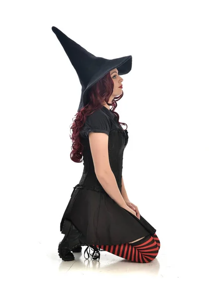 Full Length Portrait Red Haired Girl Wearing Black Witch Costume — Stock Photo, Image