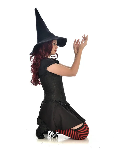 Full Length Portrait Red Haired Girl Wearing Black Witch Costume — Stock Photo, Image